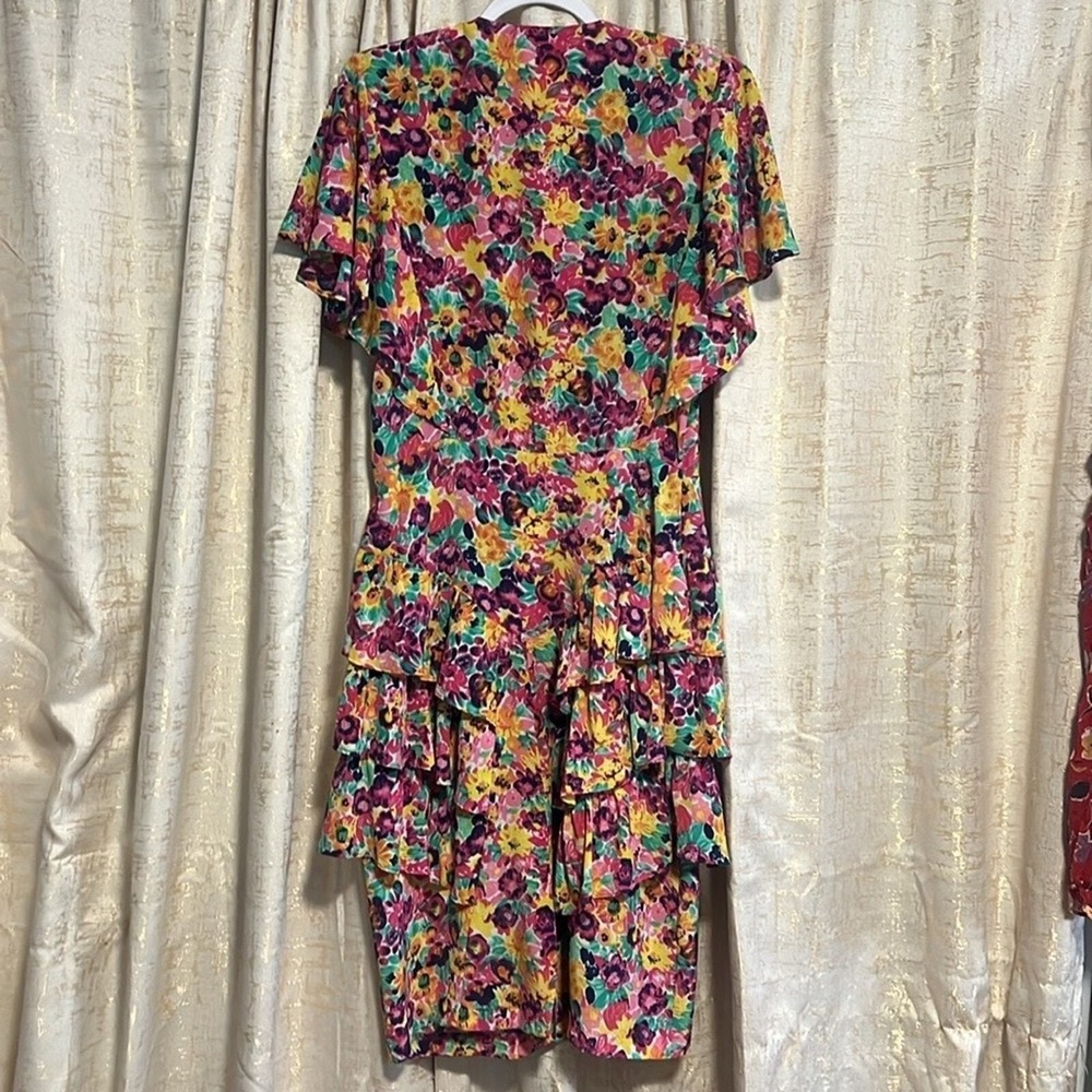 Sandy Sandy Floral Ruffle Dress Women 9/10 Multi 80s Tiered Garden Party Retro - Picture 4 of 8